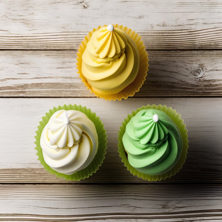 Colorful cupcakes on a white wooden background. Top view.の素材