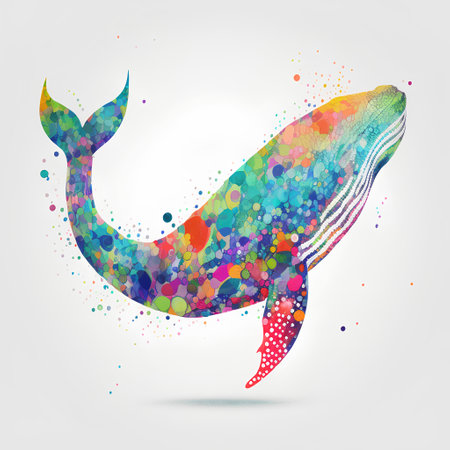 Watercolor whale with colorful splashes and drops. Vector illustration.の素材