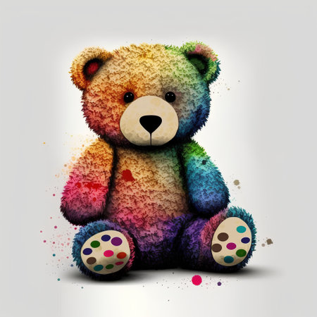 Teddy bear with splashes of colorful paint on a white backgroundの素材