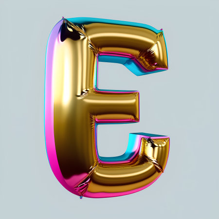 3d render of metallic balloon letter E isolated on grey background.の素材