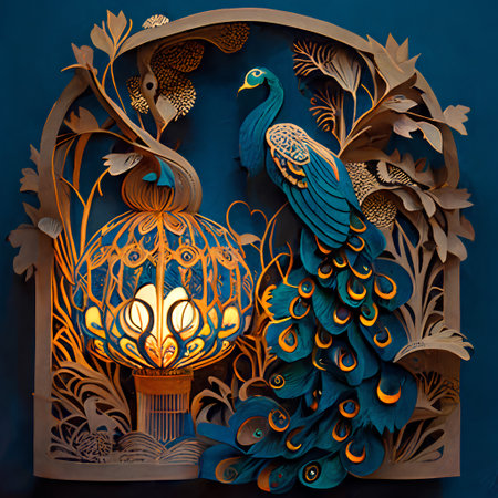 Folk art, contemporary art collage. Colorful vintage lantern with peacock on blue background.の素材