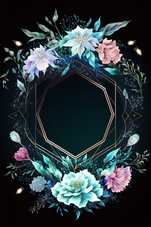 Beautiful vector card with watercolor flowers and leaves on black backgroundの素材
