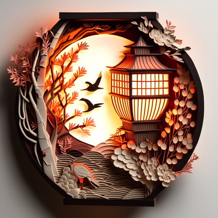 3d illustration of Japanese lanterns and birds in the garden.の素材