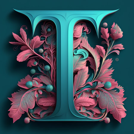 3D decorative capital letter T with floral ornament in blue and pink colors.の素材