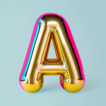 Balloon letter A uppercase. Shiny foil balloon font with glint isolated on blue background. 3d renderingの素材