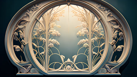 3D rendering of a beautiful vintage window with floral ornament on itの素材