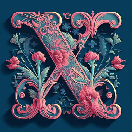 Vintage ornamental capital letter X with floral ornament. Vector illustrationの素材