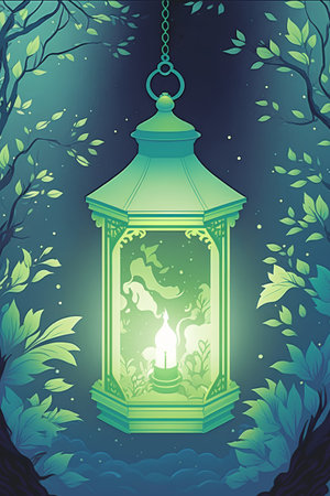 Lantern in the forest. Vector illustration. Green background.の素材