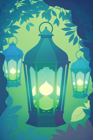 Lantern in the forest on a green background. Vector illustration.の素材