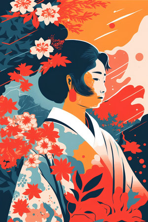 Japanese geisha in kimono with sakura flowers. Vector illustration.の素材