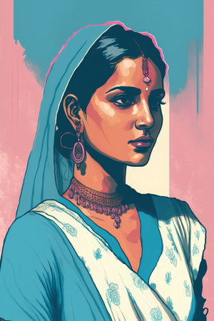 Portrait of a beautiful Indian woman. Vector illustration in retro style.の素材