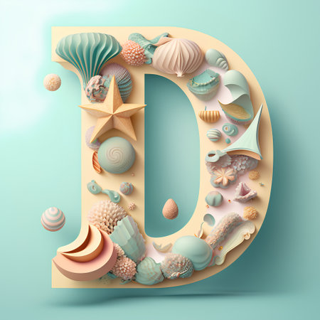 Letter D made of seashells and starfish, 3d renderingの素材