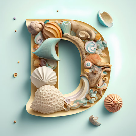 Alphabet letter D with seashells. 3d illustration.の素材