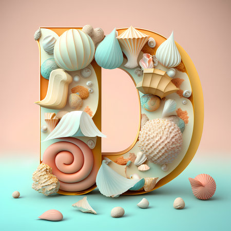 Letter D made of seashells. 3d render illustration isolated on backgroundの素材