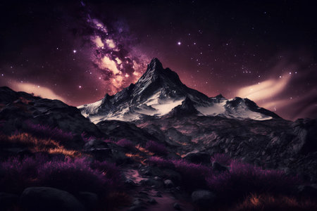 Mountain landscape with starry sky and purple flowers. 3d renderingの素材