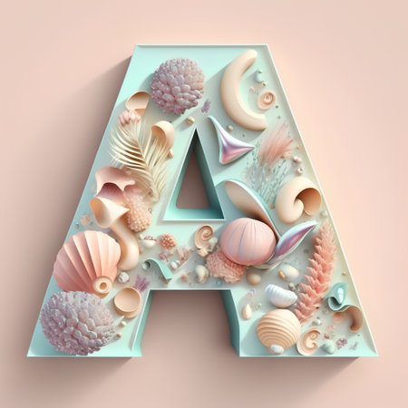 Letter A made of seashells and corals. 3D renderingの素材