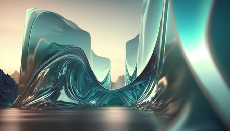 3d rendering of abstract landscape with mountains and green glass tunnel.の素材