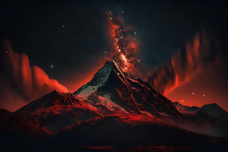 Fantastic starry sky over snowy mountain peak. 3d renderingの素材