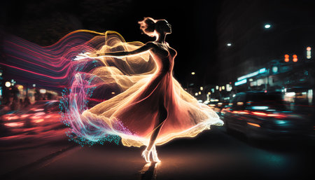 Beautiful woman in a long dress dancing in the city at nightの素材