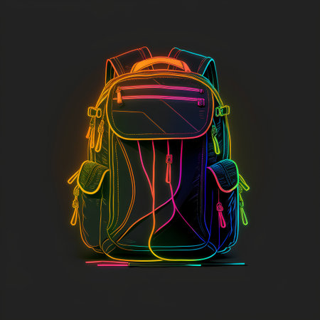 Vector illustration of a backpack on a dark background with neon lights.の素材