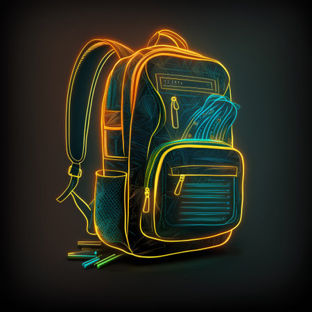 Vector illustration of a backpack in neon style on a dark background.の素材