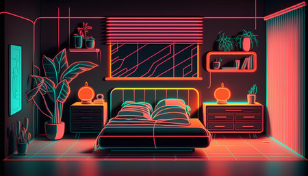Bedroom interior in neon style, 3d rendering. Computer digital drawing.の素材
