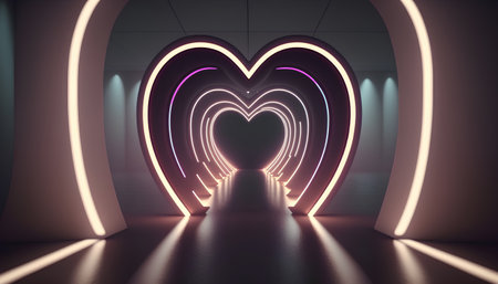3D rendering of an abstract background with neon lights and a heartの素材