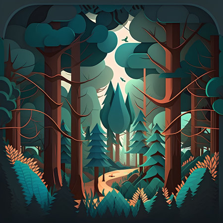 Forest landscape with trees and bushes. Vector illustration in cartoon style.の素材