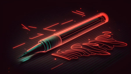 Neon pen in retro style on dark background. 3d renderingの素材