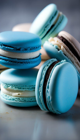 Colorful macaroons on a dark background. Toned.の素材