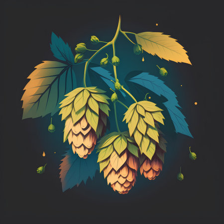 Hops with leaves and seeds on a dark background. Vector illustration.の素材