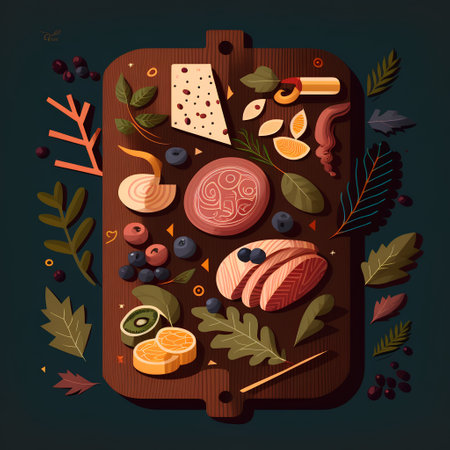 Vector illustration of wooden cutting board with different food and ingredients. Top view.の素材