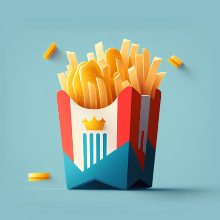 French fries in paper box on blue background. 3d illustration.の素材