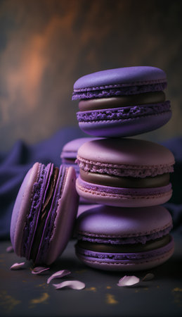 Colorful macaroons on a dark background. Toned.の素材
