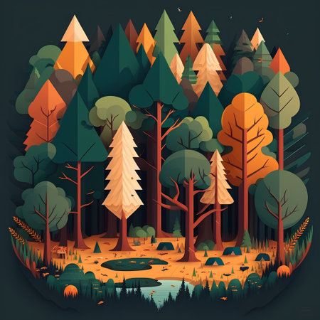 Forest landscape with trees, lake and mountains. Vector illustration in cartoon styleの素材