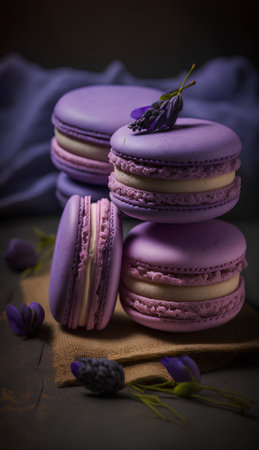 Macaroons with lavender on a wooden background. Toned.の素材