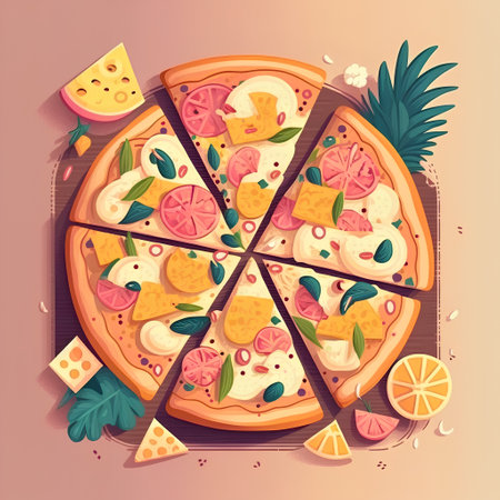 Pizza with mozzarella, tomatoes, basil and parmesan. Vector illustration.の素材