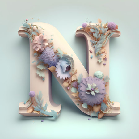 Letter N decorated with flowers and leaves in pastel colors, high detailed 3d renderの素材