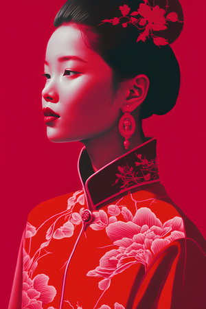 Beautiful asian woman in traditional kimono on red backgroundの素材
