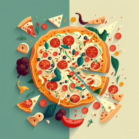 Pizza with pepperoni, mozzarella and olives. Vector illustration.の素材