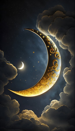 Illustration of a crescent moon and clouds in the night skyの素材