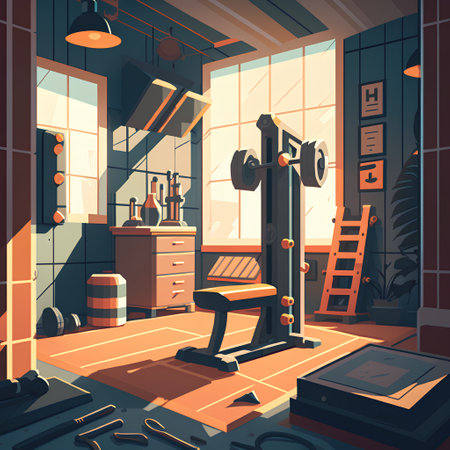 Interior of a gym with a barbell. Vector illustration.の素材