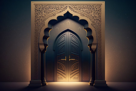 Arabic door with arabic ornament on dark background, vector illustrationの素材
