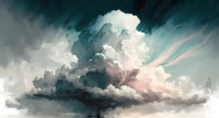Fantasy cloudscape with lightning in the sky. 3D illustrationの素材