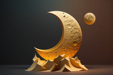 3d rendering of crescent moon with golden stars on dark backgroundの素材