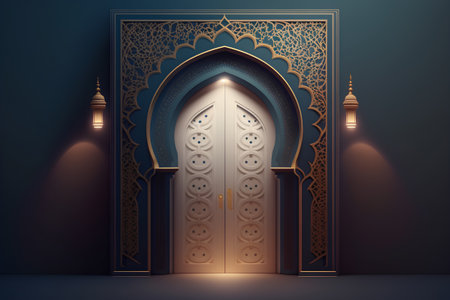 Ramadan Kareem background with golden door and lantern. 3D renderingの素材