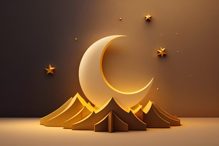 Ramadan Kareem greeting card with golden crescent moon and starsの素材