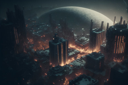 Futuristic city at night with moon and stars. 3D renderingの素材