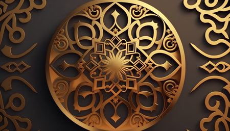 3d illustration of golden ornament on a black background. 3d renderingの素材