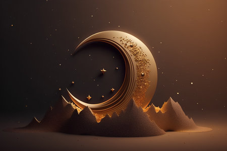Golden crescent moon and mountains in the desert. Vector illustration.の素材